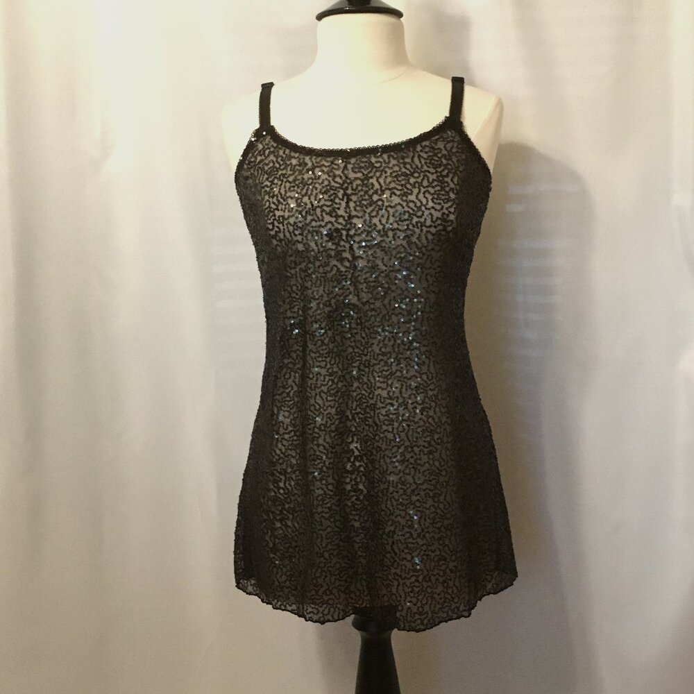 Black Stretch Mesh Sequined See-Through Top